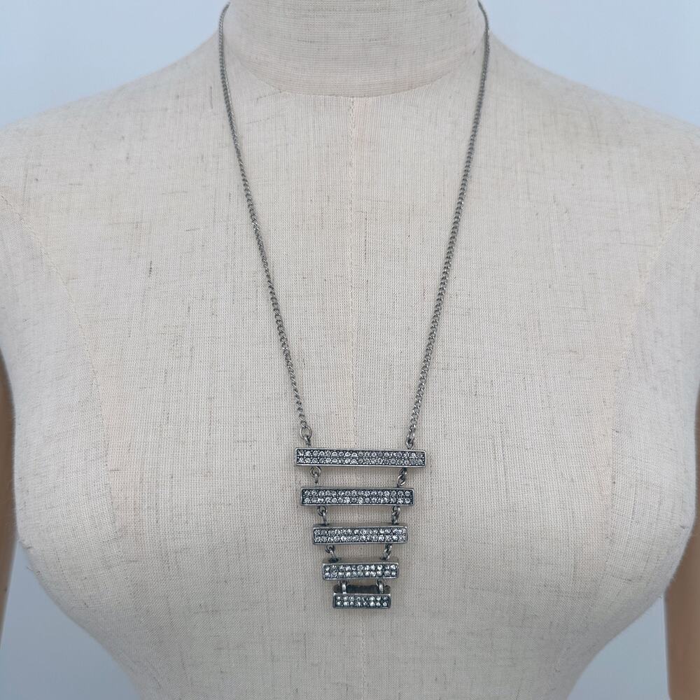 Mark by Avon Statement Necklace Silvertone Rhinestone Stacked Geometric Pendant
